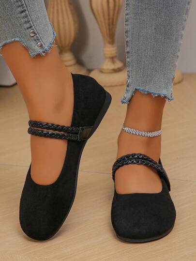 Fashionable New Spring/Autumn Mary Jane Flats, Black Suede Woven Buckle Round Toe, Women's Casual Everyday Comfortable Slip-On Shoes