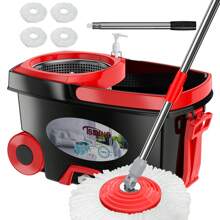 Tsmine FunClean Spin Mop And Bucket,360 Spinning Mopping Floor Cleaning Tool With 4 Microfiber Replacement Head Refills,Mop And Bucket With Wringer Set For Home,61" Extended Handle, 2X Wheel