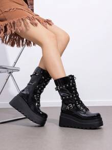 DREAM PAIRS Women's Platform Mid-Calf Boots Cyberpunk Combat Style Multiple Buckle Straps Round Toe Side Zipper Anti-Slip Thick Heel Outdoor Halloween Chunky Heel  Music Festival Party Black Boots - 黑色 - 查看 6