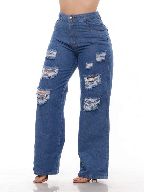Calça Wide Leg Rasgada  Pantalona Jeans Feminina Cintura Alta Levanta Bumbum