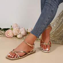 Chic Lace-Up Flat Sandals With Clip-On Toes - French-Inspired Tempered Design - 金色 - 查看 8