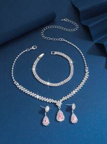 4/3pcs Women Simple Elegant Water Drop Pendant Necklace, Earrings, Bracelet Jewelry Set, Bridal Wedding Dress/Gown Accessory, Party/Daily Wear - Multicolor - View 7