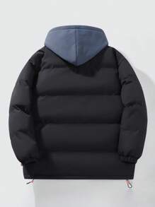 Men Zip Up Drawstring Hooded Padded Coat - Black - View 2