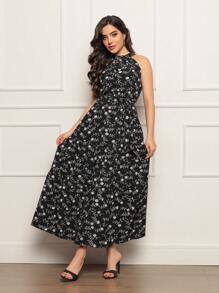 Women's Long Dress Printed High Neck Três Maria With Belt - màu đen - Xem 5