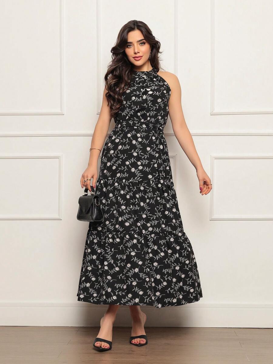 Women's Long Dress Printed High Neck Três Maria With Belt - màu đen - Xem 1