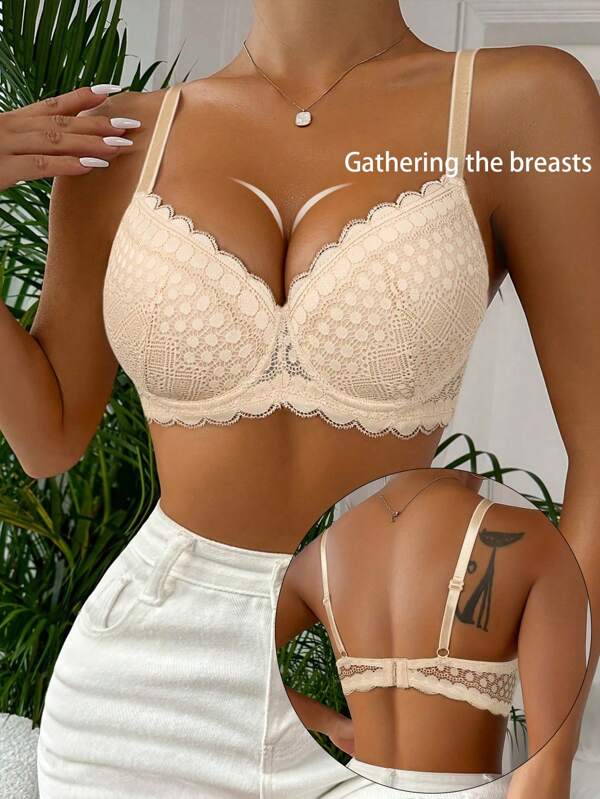 Beżowy damski wygodny seksowny koronkowy biustonosz z baskinką