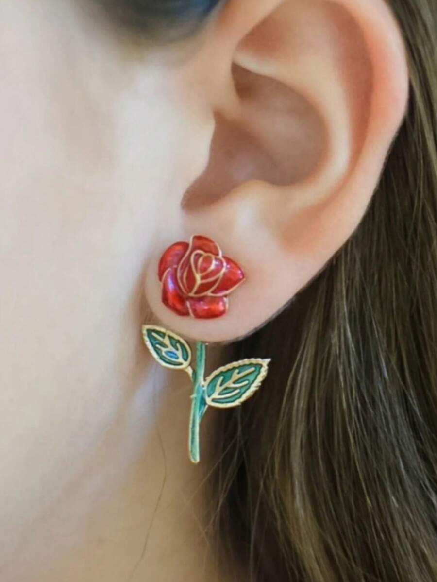 Hoa tai trang trí hình bó hoa hồng đỏ quyến rũ, hoa tai hoa hồng đỏ, hoa tai trước và sau hình hoa ba chiều cá nhân hóa, quà tặng ý tưởng cho phụ nữ ngày lễ tình nhân