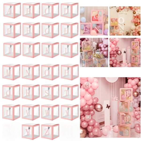 1 szt./pudełko Początkowa litera, 25 cm/cal Różowy wielokrotnego użytku papierowy list DIY Etykieta z nazwą Przezroczyste pudełko na balony, odpowiednie na ślub, emeryturę, rocznicę, powrót do szkoły, święta, dekoracje na przyjęcie urodzinowe, Boże Narodzenie