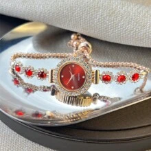 1pc Women's Red Crystal Stone & Bead Adjustable Bracelet Watch, Elegant Quartz Watch With Diamond Inlay Dial - Red - View 4