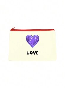 1pc Heart-Shaped Silkscreen Printed Personalized Cosmetic Pouch, Red Zipper, Customizable With Name, Holiday Phrases Or Other Info, Double-Sided Printing, Simple Yet Stylish Design