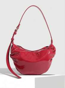 1个褶皱漆皮新月云朵形单肩包，女士斜挎包，新款高端时尚，个性化红色包包，褶皱椭圆形，休闲单肩包，腋下包，柔软皮革，适合手提和肩背 - 紅色 - 查看 3