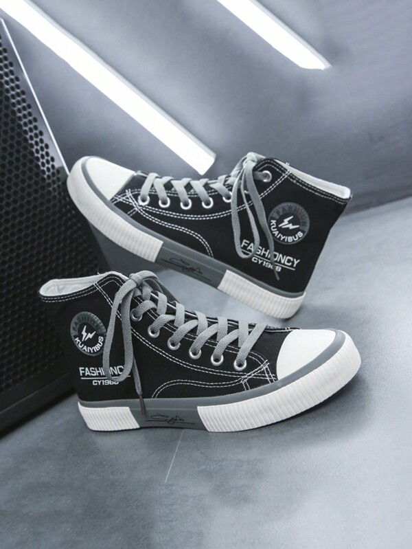 Zapatos deportivos de corte alto casuales para hombre, botas de tobillo negras de alta calidad, zapatillas de lona con cordones planos de moda