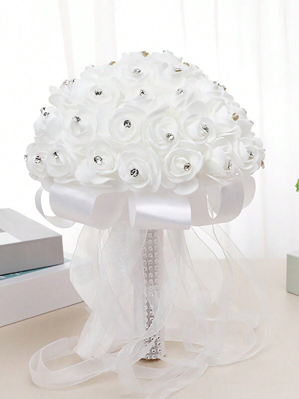 1PC Wedding Bridal Bouquet Crystal Ribbon Rhinestone Wedding Bridesmaid Bouquet Bridal Artificial Flowers For Wedding White Halloween Valentine's Day Valentines