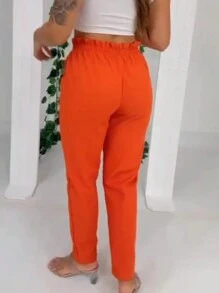 Linen Mom Pants With Front Crease Detail And Elastec Waist, Straight Hem ASPE11 - 橘色 - 查看 3