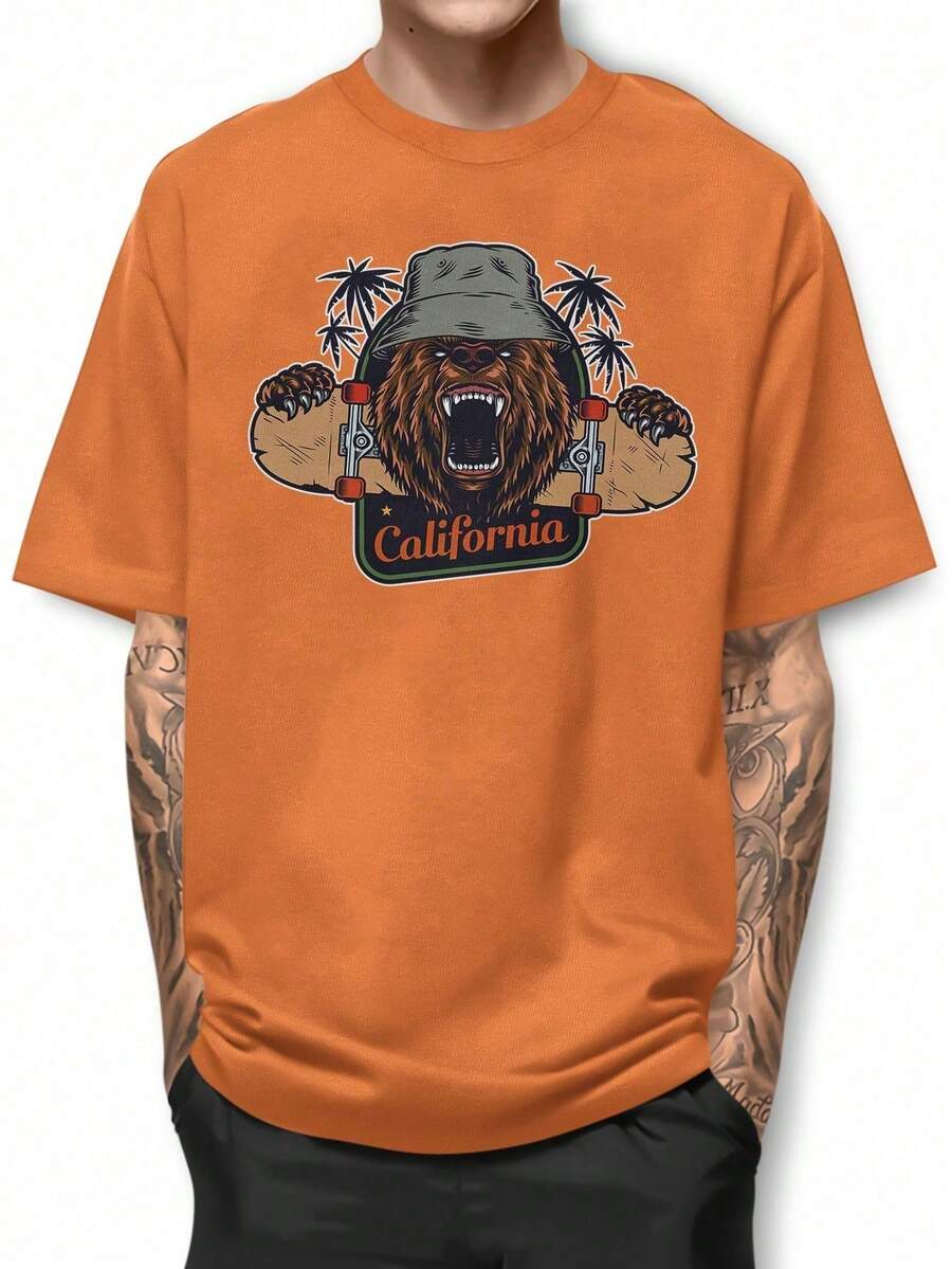 Basic Skateboard Hat Bear T-Shirt 100% Cotton Short Sleeve GPJ1 - 橘色 - 查看 1