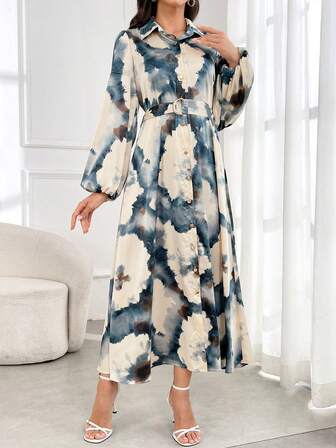 Spring & Autumn Elegant All-Over Print Belt Buckle Front Long Sleeve Dress