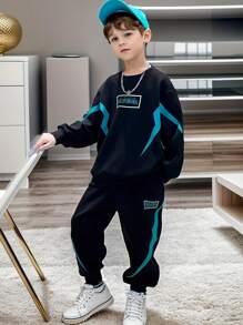 2pcs Tween Boy Sportswear Set, Spring & Fall Comfy Print Sweatshirt And Tapered Pants Outfit - Black - View 1
