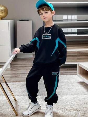 2pcs Tween Boy Sportswear Set, Spring & Fall Comfy Print Sweatshirt And Tapered Pants Outfit