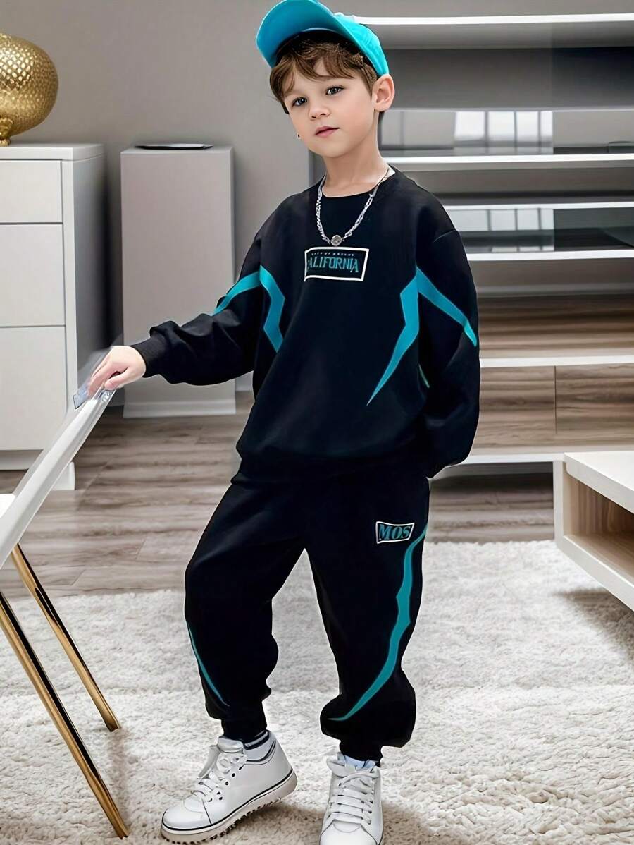 2pcs Tween Boy Sportswear Set, Spring & Fall Comfy Print Sweatshirt And Tapered Pants Outfit - Black - View 1