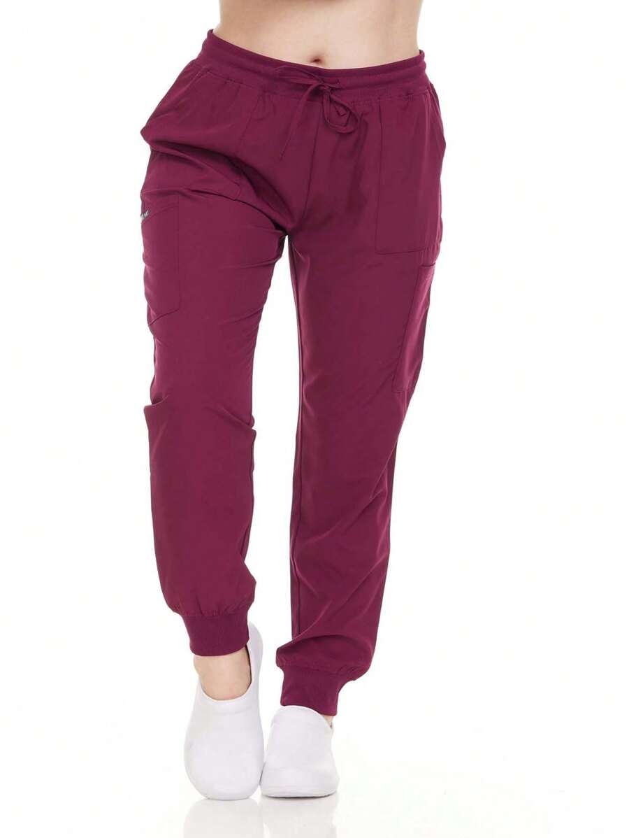 Women's Jogger Scrub Pants – Stretch Waistband Uniform Bottoms With Multi-Pocket Design For Nursing, 4-Way Stretch,Spa, And Clinical Workwear - 酒紅色 - 查看 1