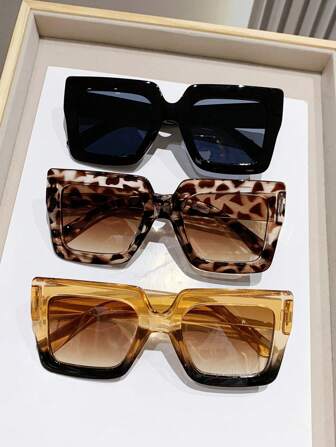 3 Pairs Retro Square Oversized Leopard Print Boho Style Plastic Glasses Sets, Classic Fashion Decoration For Outdoor Travel Beach For Summer Beach Vacation,Outdoor,Travel