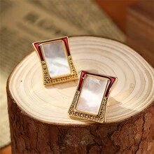 salmoph 1pair Vintage Square Shell Stud Earrings Suitable For Daily Wear For Women - EAS-2040 - View 4