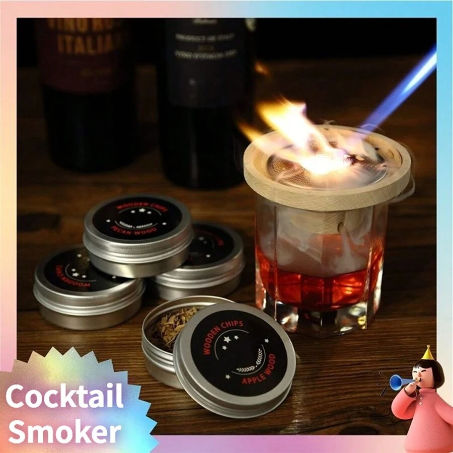TMEOIIPY Cocktail Smoker Kit met 4 houtsnips, ouderwetse whiskyrokerset, whiskyroker voor drankjes, cocktails, wijn, bourbon, whisky-geschenksets cadeau voor mannen, echtgenoot, papa-walnoot
