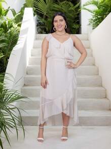 Chiffon Women's V-Neck Ruffled Hem Crossover Dress - Elegant Sleeveless Summer Midi Dress For Casual And Formal Occasions - 杏色 - 查看 1