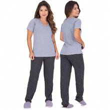 Kit 2 Women's Pajamas Viscose Seasons Short Sleeve Long Pants - 黑色 - 查看 2