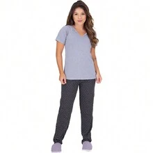 Kit 2 Women's Pajamas Viscose Seasons Short Sleeve Long Pants - 黑色 - 查看 3