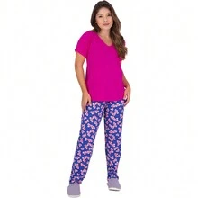 Kit 2 Women's Pajamas Viscose Seasons Short Sleeve Long Pants - 黑色 - 查看 6