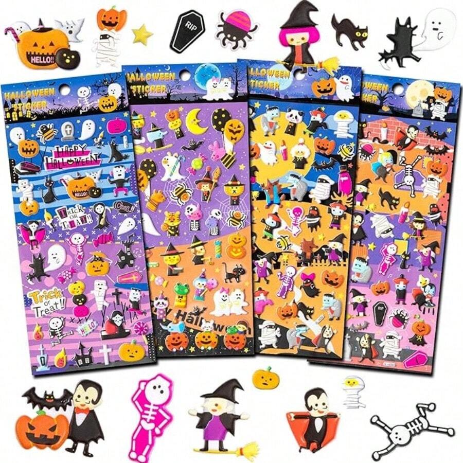Decoración de Halloween El Día de los Muertos 4/8 hojas de pegatinas esponjosas de Halloween para niños, pegatinas 3D lindas de Halloween para manualidades, scrapbooking, diario y teléfono, que incluyen pegatinas de fantasma, calabaza, bruja, murciélago, araña y talla grande, decoración de Halloween