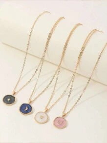 1 Piece Heart And Moon Detail Round Pendant Necklace Geometric Heart Moon Lightning Star Multi-Element Combination Pendant Necklace Women Collarbone Necklace Dreamy Star Love Moon Pendant Personalized Oil Drop Fashionable Collarbone Necklace Women