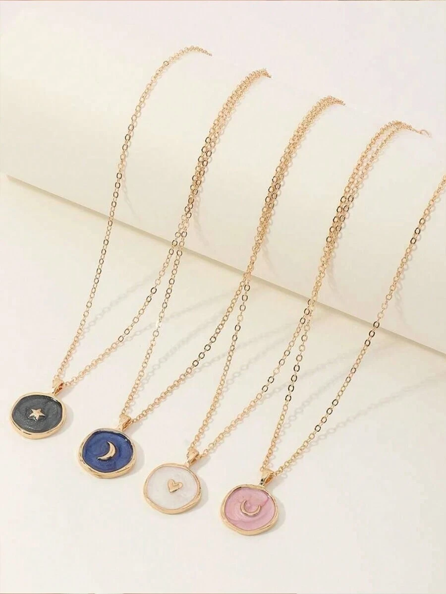 1 Piece Heart And Moon Detail Round Pendant Necklace Geometric Heart Moon Lightning Star Multi-Element Combination Pendant Necklace Women Collarbone Necklace Dreamy Star Love Moon Pendant Personalized Oil Drop Fashionable Collarbone Necklace Women
