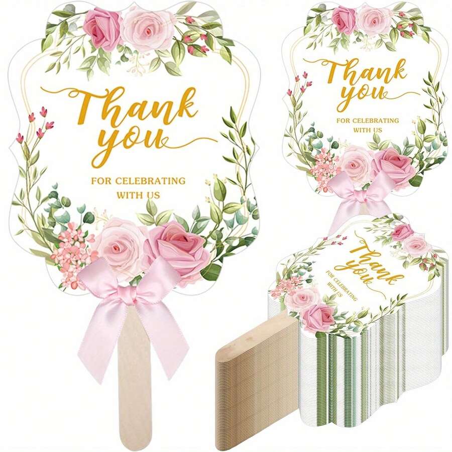 10 piezas Abanicos de papel con moño y rosa, decoraciones para fiesta de boda, regalos para fiesta de cumpleaños - Rosa - Ver 1