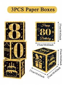 3 pièces Boîtes en papier noires et dorées, décoration de fête d'anniversaire 18e/30e/40e/50e/60e/70e/75e/80e, fournitures pour fête de 40/50/60 ans, décorations de fête d'anniversaire, boîtes décoratives pour fond de fête à la maison, décoration de fond de fête, accessoires photo, boîtes d'emballage cadeau