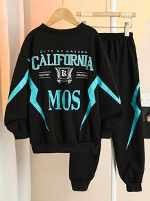 2pcs Tween Boy Sportswear Set, Spring & Fall Comfy Print Sweatshirt And Tapered Pants Outfit - Black - View 3