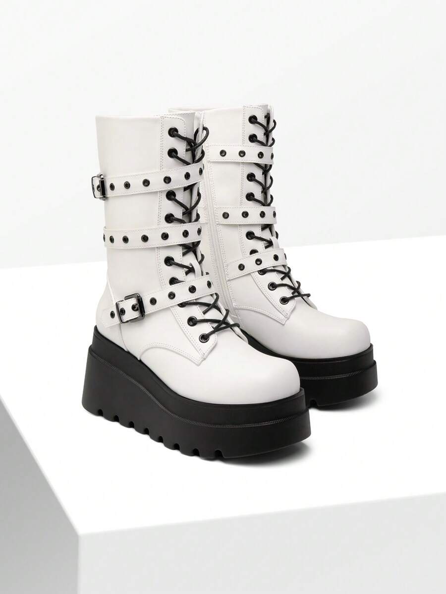 DREAM PAIRS Women's Platform Mid-Calf Boots Cyberpunk Combat Style Multiple Buckle Straps Round Toe Side Zipper Anti-Slip Thick Heel Outdoor Halloween Chunky Heel Music  Festival Party WHITE Boots - 黑與白 - 查看 1