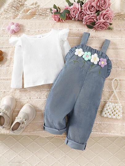 嬰兒女寶寶純色長袖恤衫和3D花卉背帶褲組合套裝