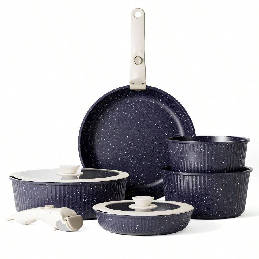 RIOVARM-EU RIOVARM Induction Pots And Pans Set With Removable Handles, Non-Stick Granite Stackable Cookware Set With Silicone Lids, Space-Saving Pot & Pan Sets Without PFOA, Frying Pan, Casseroles - Navy Blue - View 1