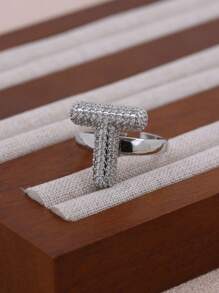 KEJIALAI 1pc New Luxury Big Exaggerated Hip-Hop Style A-Z 26 Letter Ring, Copper Micropavé CZ Plated Platinum Men Women Initial Name Letter Ring - Letter - View 17