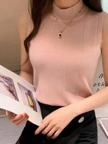 Heilar-camisetas sin mangas de punto para mujer, Tops finos informales básicos, camisetas sin mangas con cuello redondo, Tops verdes para mujer 2024 - Rosa - Ver 3