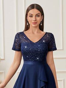 MIUSOL V Neck Sequin Lace Ruffle Trim Summer Prom Party Swing Dress - Navy Blue - View 3