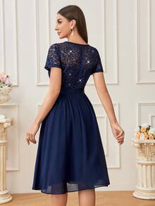 MIUSOL V Neck Sequin Lace Ruffle Trim Summer Prom Party Swing Dress - Navy Blue - View 5