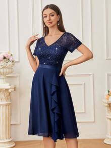 MIUSOL V Neck Sequin Lace Ruffle Trim Summer Prom Party Swing Dress - Navy Blue - View 8