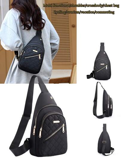 1pc Fashion Nylon Solid Color Embroidered Lattice Women Chest Bag, Multi-Functional Outdoor Travel Adjustable Shoulder Strap Shoulder Messenger Bag For Phone Cosmetics, Cycling Sports Chest Pouch