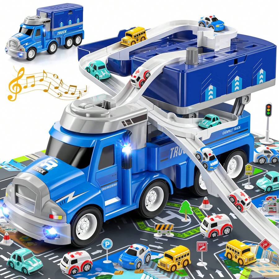 TEMI TEMI Voitures et camions jouets pour enfants de 3 4 5 6 ans, jouets de véhicules pour enfants avec 8 voitures de ville, jouet de circuit de voiture pour les tout-petits de 3 à 8 ans, jouets d'extérieur pour enfants, cadeau pour garçon et fille de 3 à 4 ans