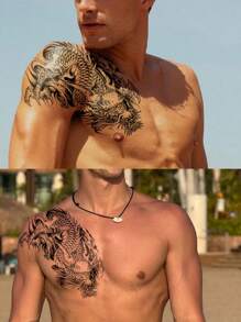 * 1 张超大尺寸人体艺术临时纹身贴纸，男女皆宜，中式、日式、亚洲风格逼真肩部飞龙图案，防水假纹身，持续 2-5 天，遮盖疤痕，可用于手臂、手腕、肩膀、腿、腰部、颈部、手部、胸部、大腿、手指 - 黑色 - 查看 3