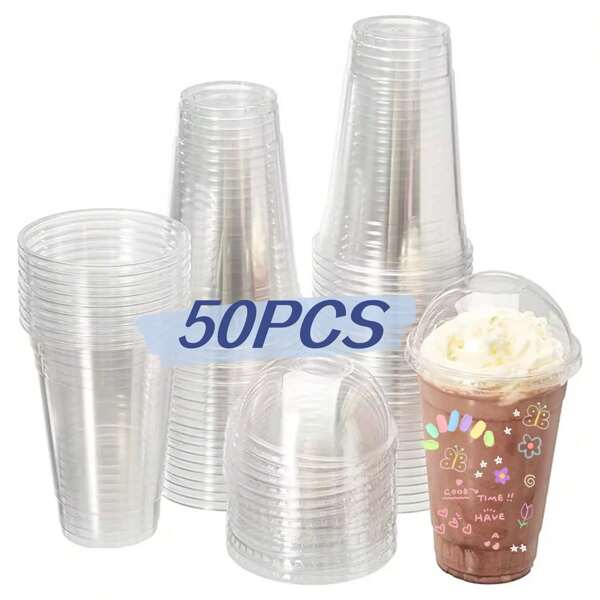 50 vasos de plástico desechables con tapas cupulares de 16 onzas para fiesta de Navidad, oferta del