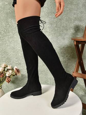 Höst/vinter Senaste Mode Roman Nya Svarta Färg Kontorsmatchande Knähöga Stövlar För Dam, Matcha Med Klänningar, Perfekta Med Träningsbyxor